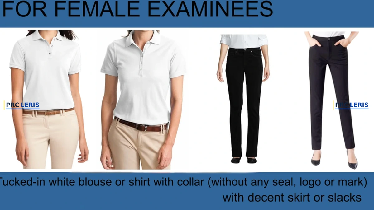 PRC dress code female tucked-in white blouse with decent skirt or slacks for board exam